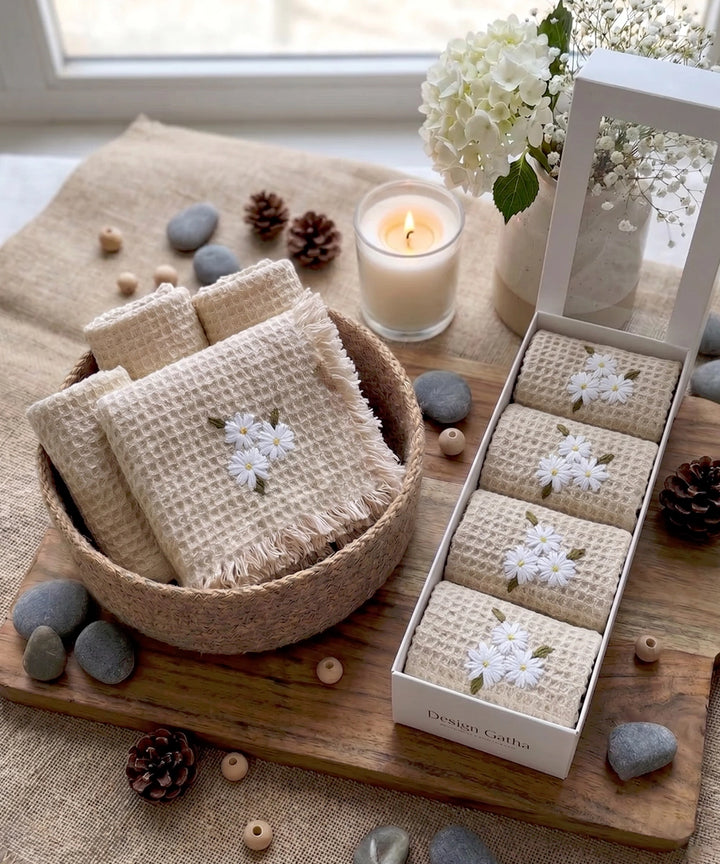 Embroidered Face Towel - Set of 4 pcs in Soft Cotton Waffle | Beige