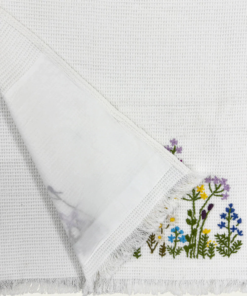 Embroidered Bath Towel | Soft Cotton Waffle | White