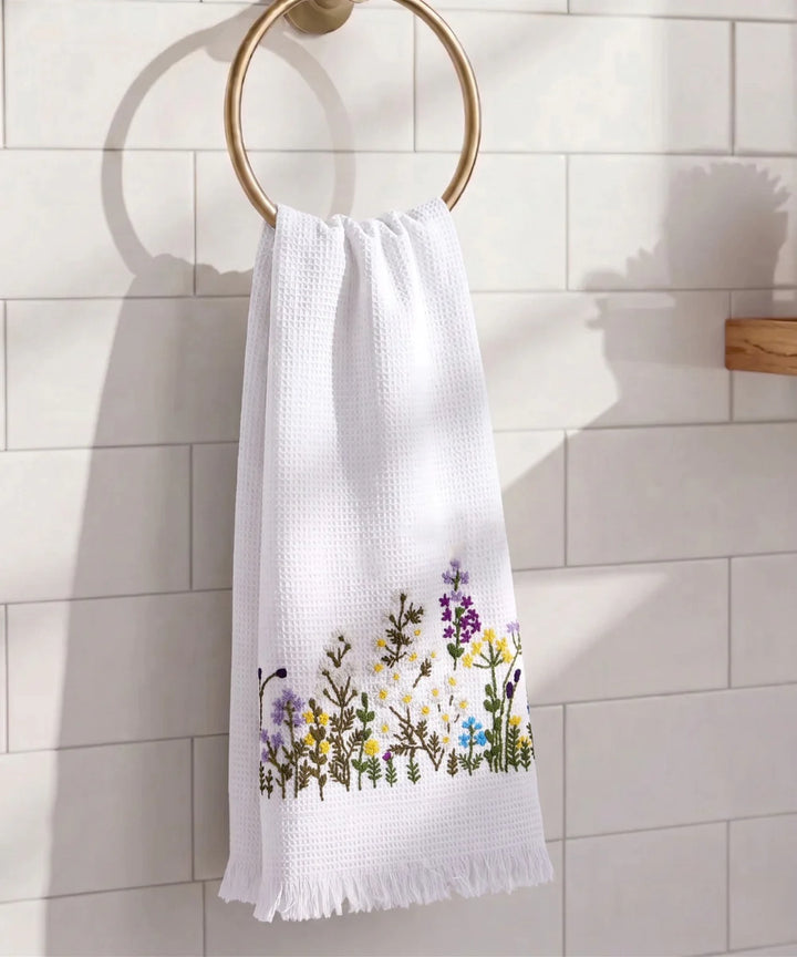 Embroidered Bath Towel | Soft Cotton Waffle | White