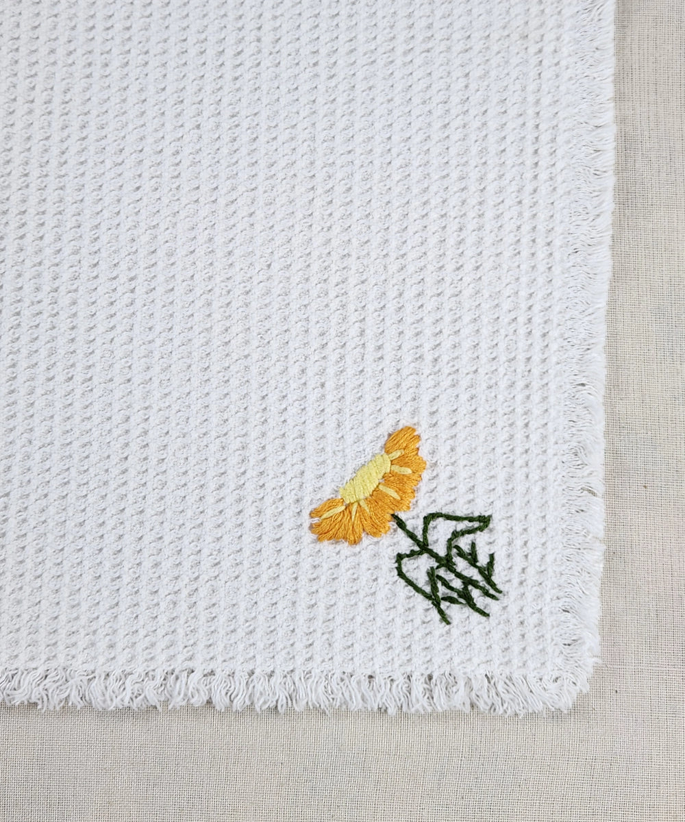 Embroidered Face Towel - Set of 4 pcs in Soft Cotton Waffle | White