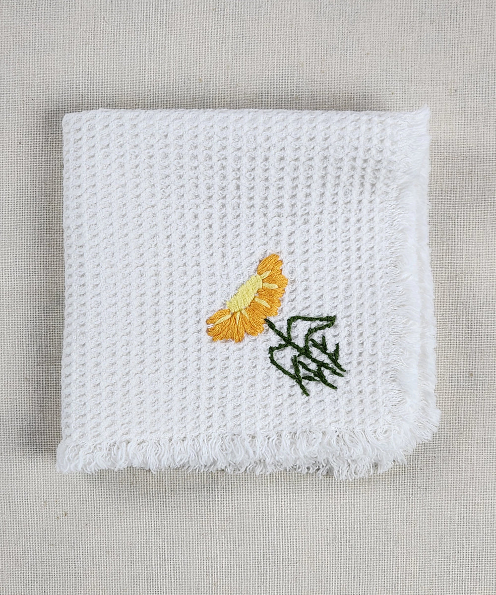 Embroidered Face Towel - Set of 4 pcs in Soft Cotton Waffle | White