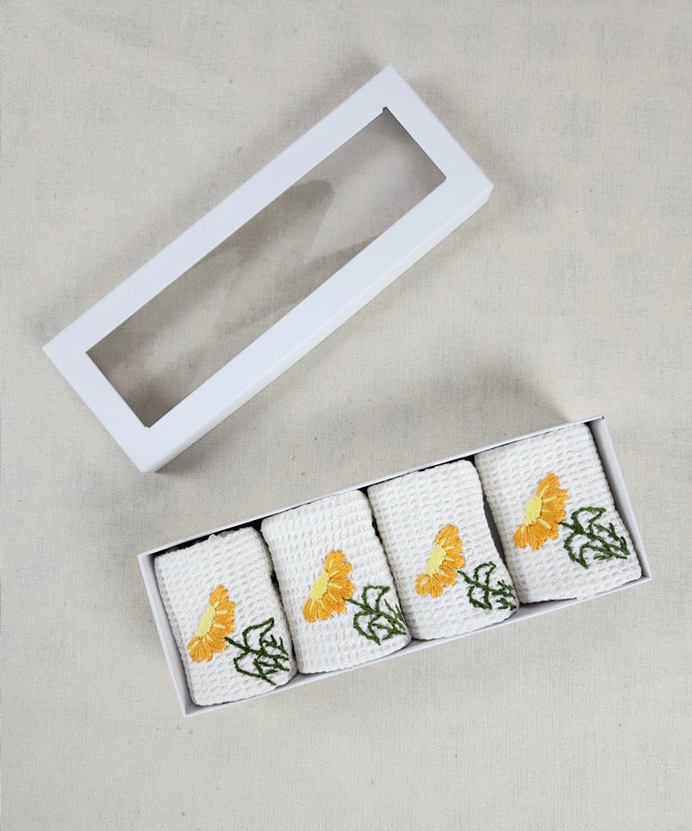 Embroidered Face Towel - Set of 4 pcs in Soft Cotton Waffle | White