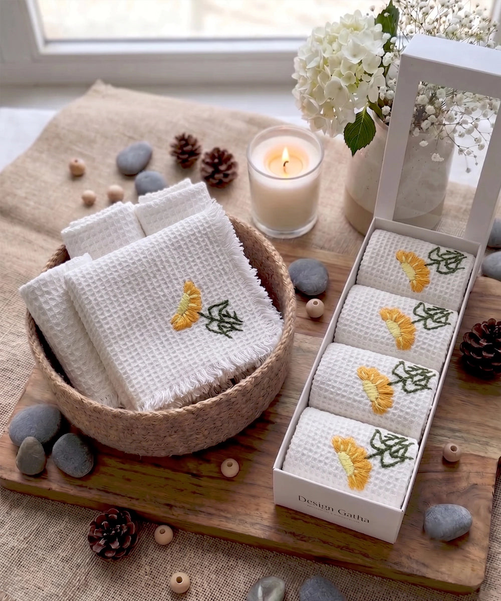 Embroidered Face Towel - Set of 4 pcs in Soft Cotton Waffle | White