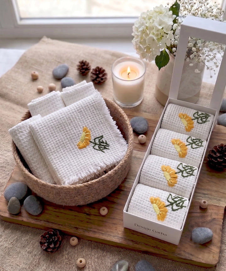 Embroidered Face Towel - Set of 4 pcs in Soft Cotton Waffle | White