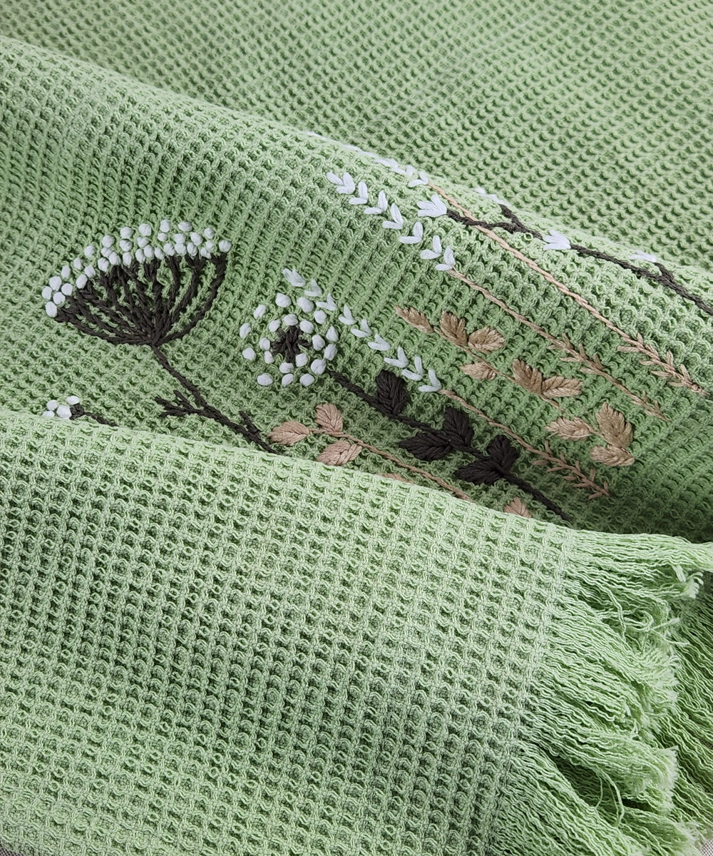 Embroidered Bath Towel | Soft Cotton Waffle | Mossy Meadows Sage Green
