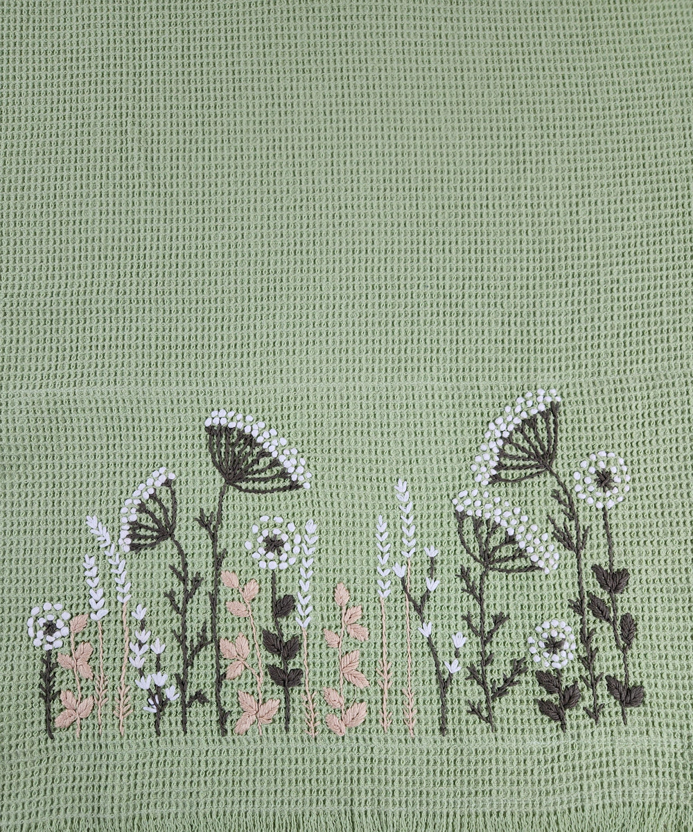 Embroidered Bath Towel | Soft Cotton Waffle | Mossy Meadows Sage Green