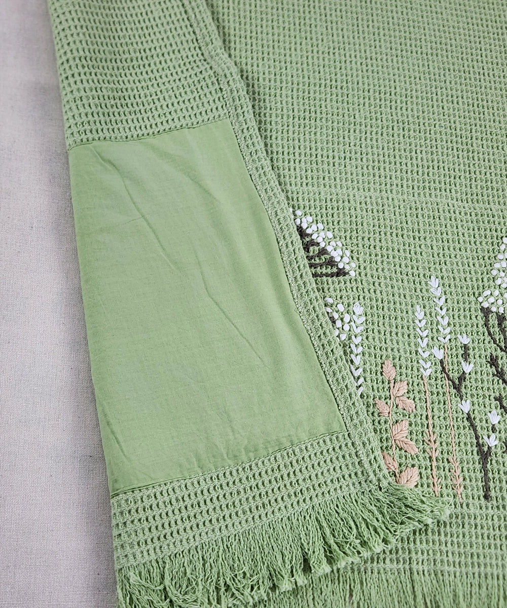 Embroidered Bath Towel | Soft Cotton Waffle | Mossy Meadows Sage Green