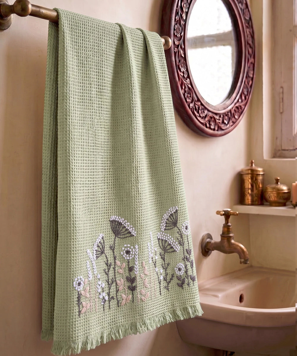 Embroidered Bath Towel | Soft Cotton Waffle | Mossy Meadows Sage Green