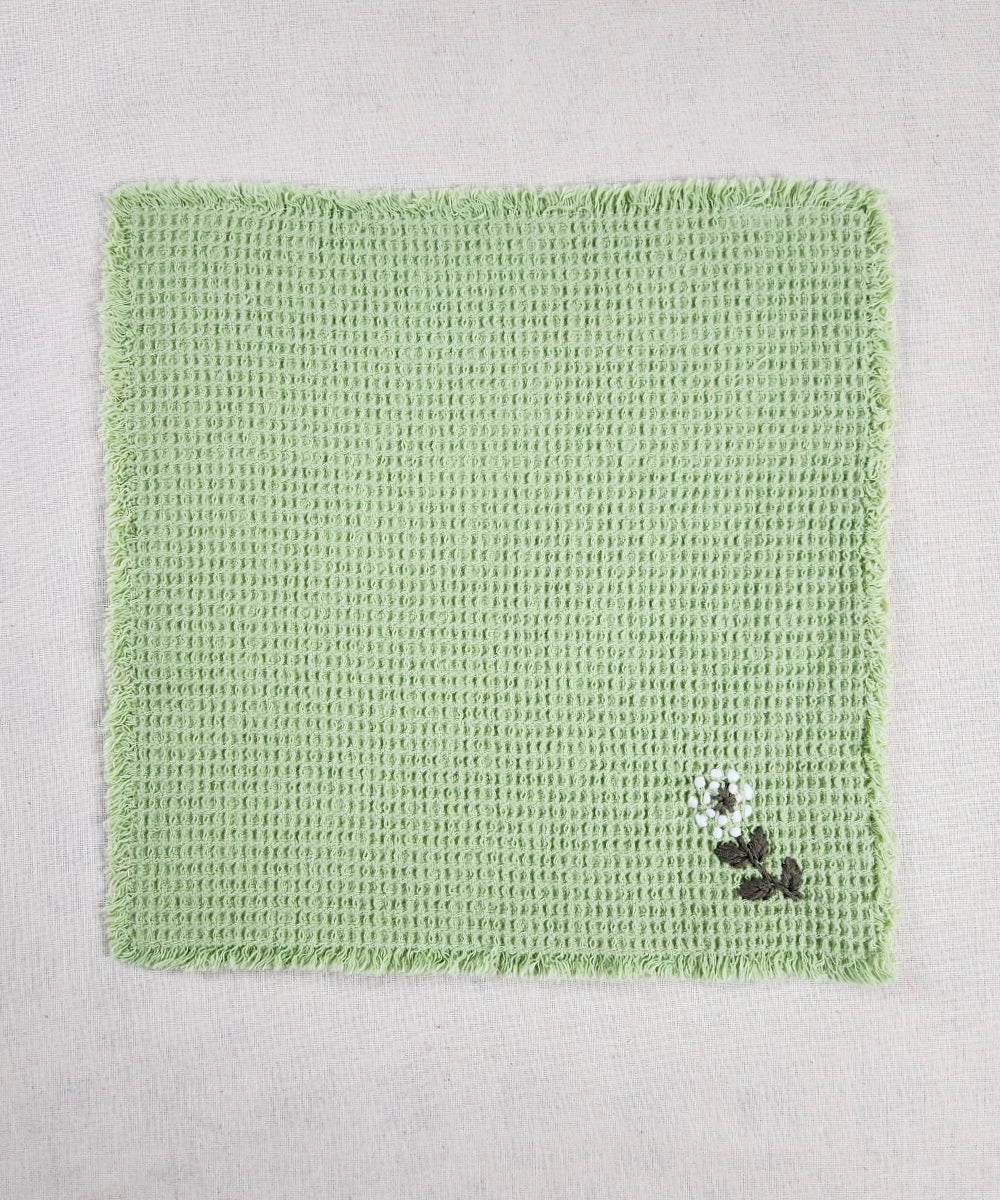 Embroidered Face Towel - Set of 4 pcs in Soft Cotton Waffle | Sage Green