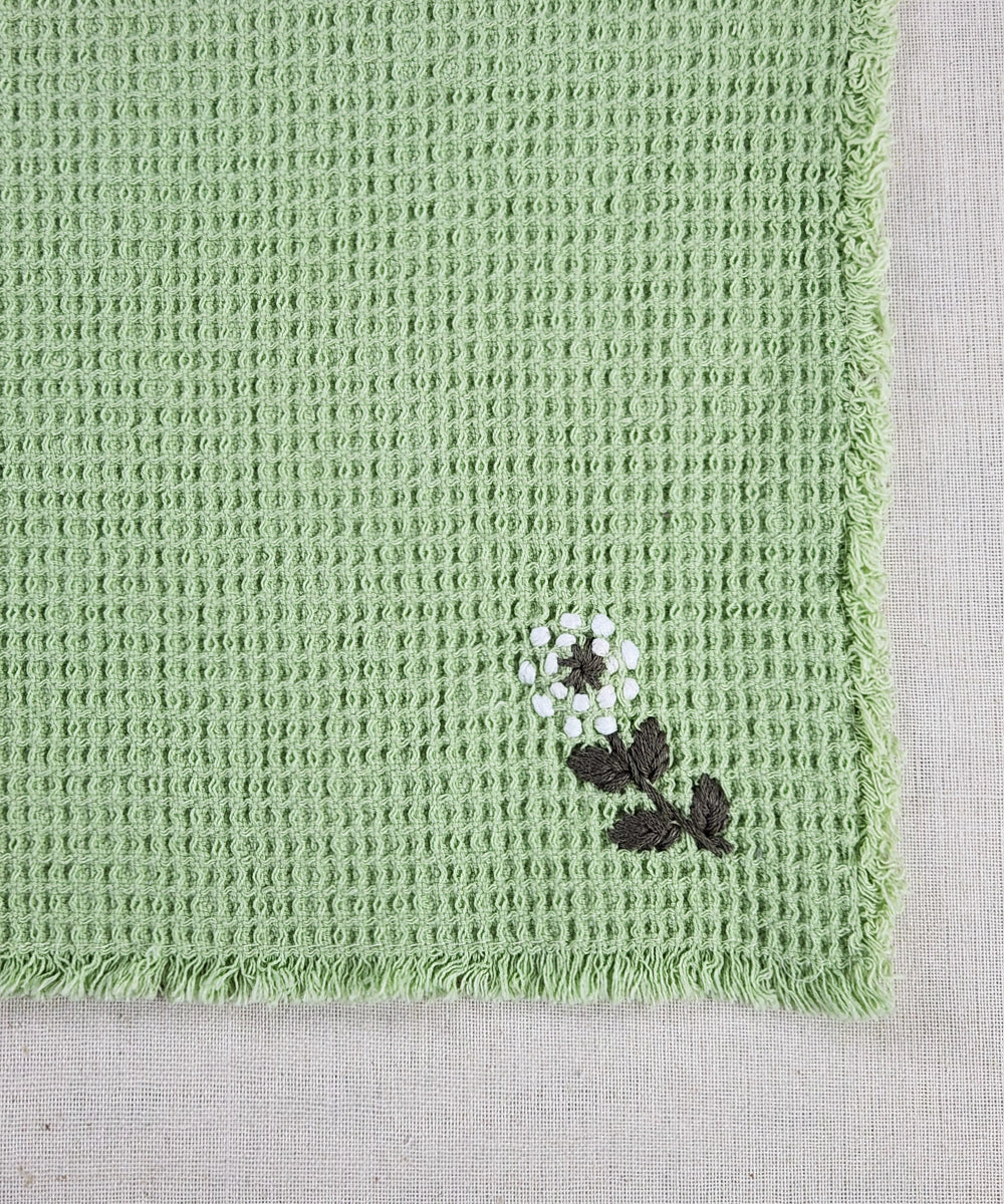Embroidered Face Towel - Set of 4 pcs in Soft Cotton Waffle | Sage Green