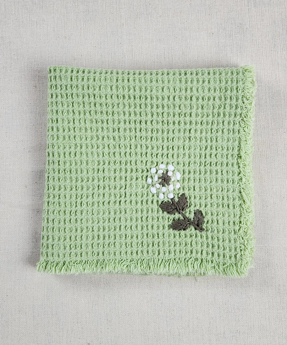 Embroidered Face Towel - Set of 4 pcs in Soft Cotton Waffle | Sage Green