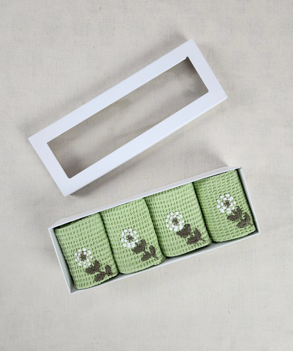 Embroidered Face Towel - Set of 4 pcs in Soft Cotton Waffle | Sage Green