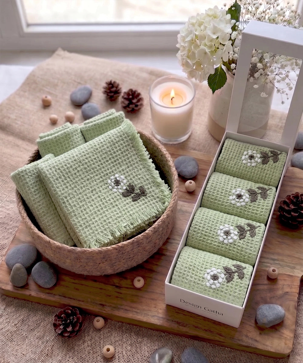 Embroidered Face Towel - Set of 4 pcs in Soft Cotton Waffle | Sage Green