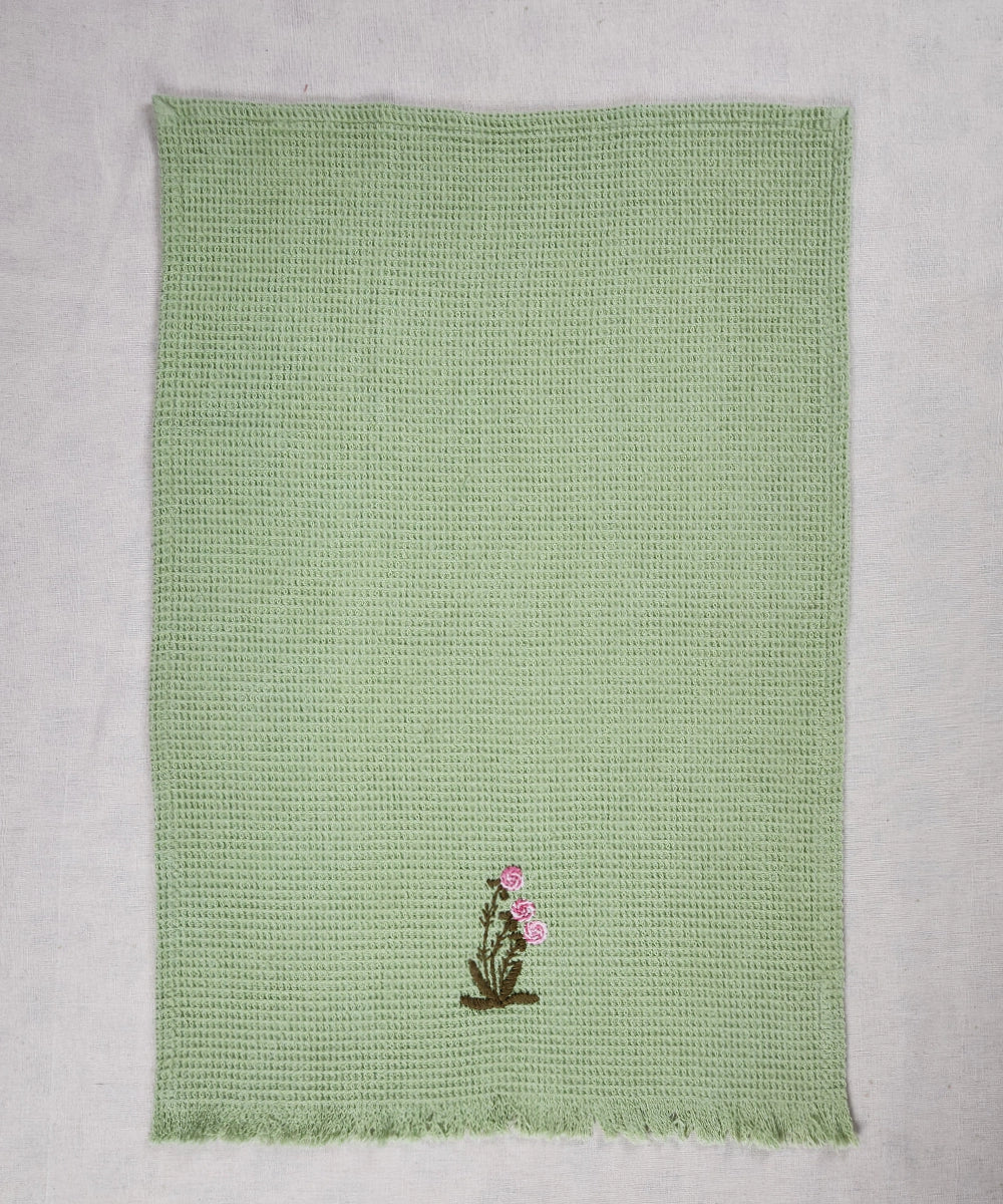 Embroidered Hand Towel - Set of 2 pcs in Cotton Waffle | Mossy Meadows Sage Green