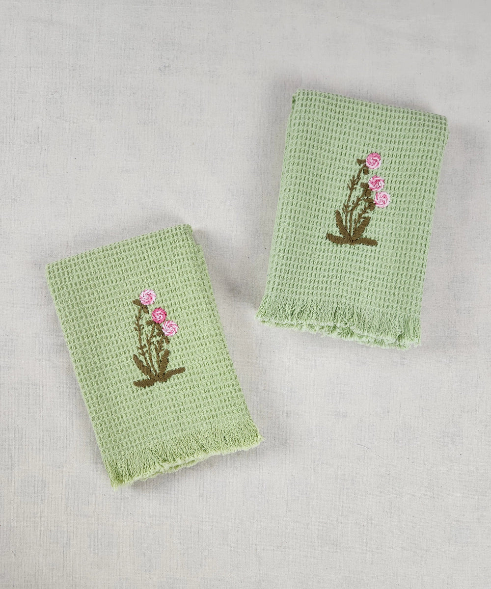 Embroidered Hand Towel - Set of 2 pcs in Cotton Waffle | Mossy Meadows Sage Green