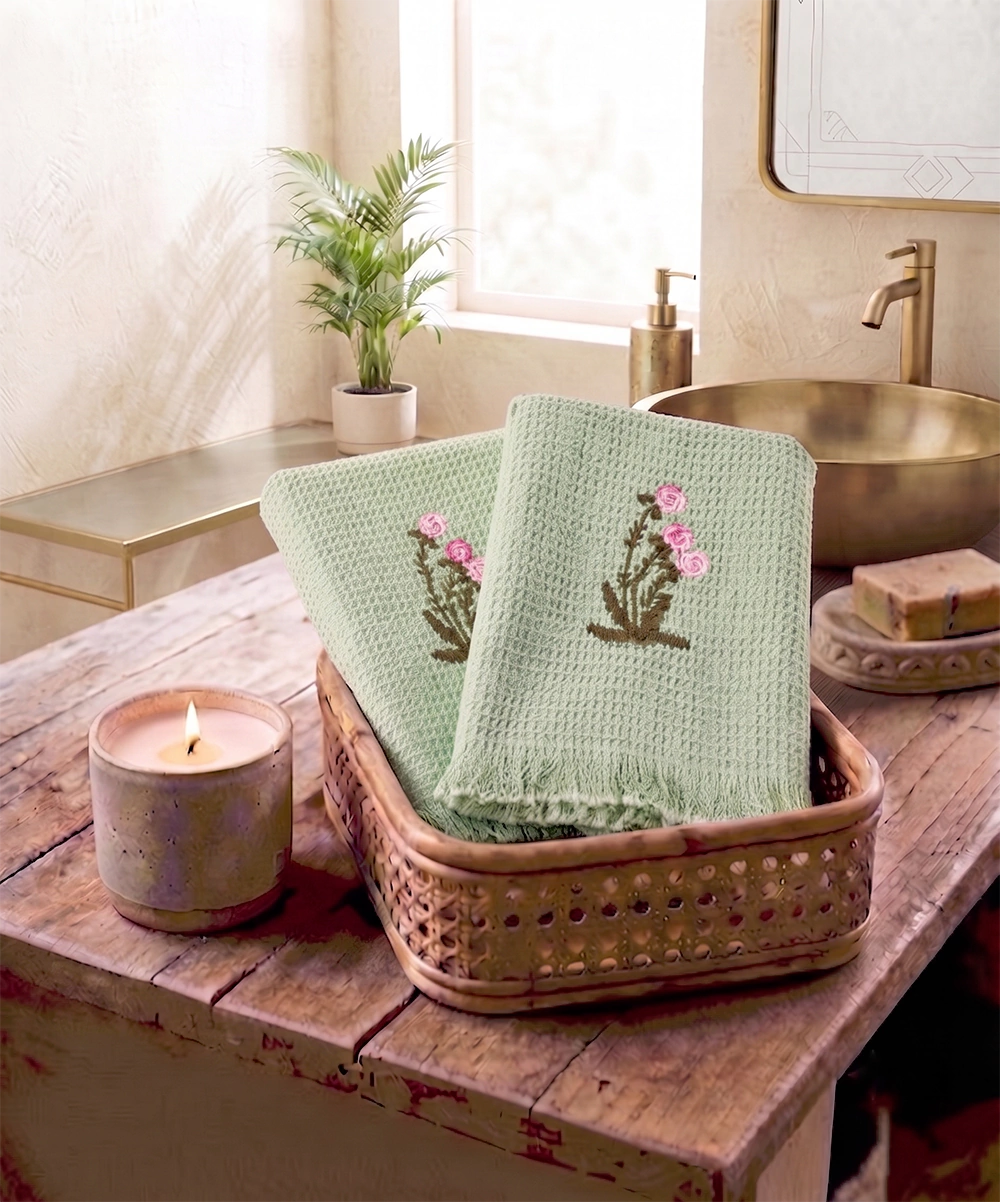 Embroidered Hand Towel - Set of 2 pcs in Cotton Waffle | Mossy Meadows Sage Green