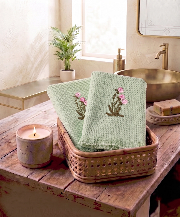 Embroidered Hand Towel - Set of 2 pcs in Cotton Waffle | Mossy Meadows Sage Green