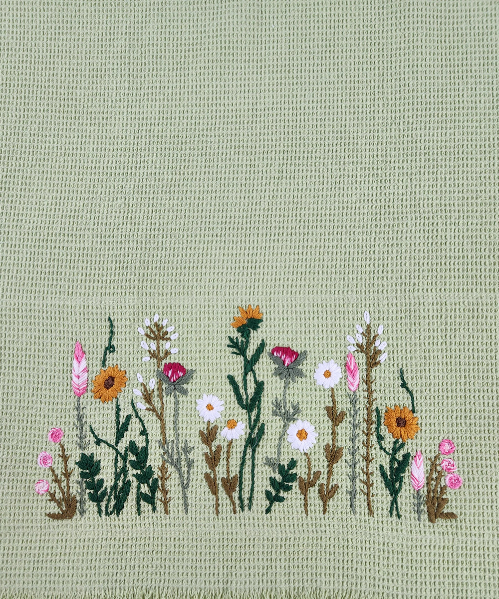 Embroidered 1 Pc Bath and 2 Pcs Hand Towel Set | Cotton Waffle Fabric | Sage Green