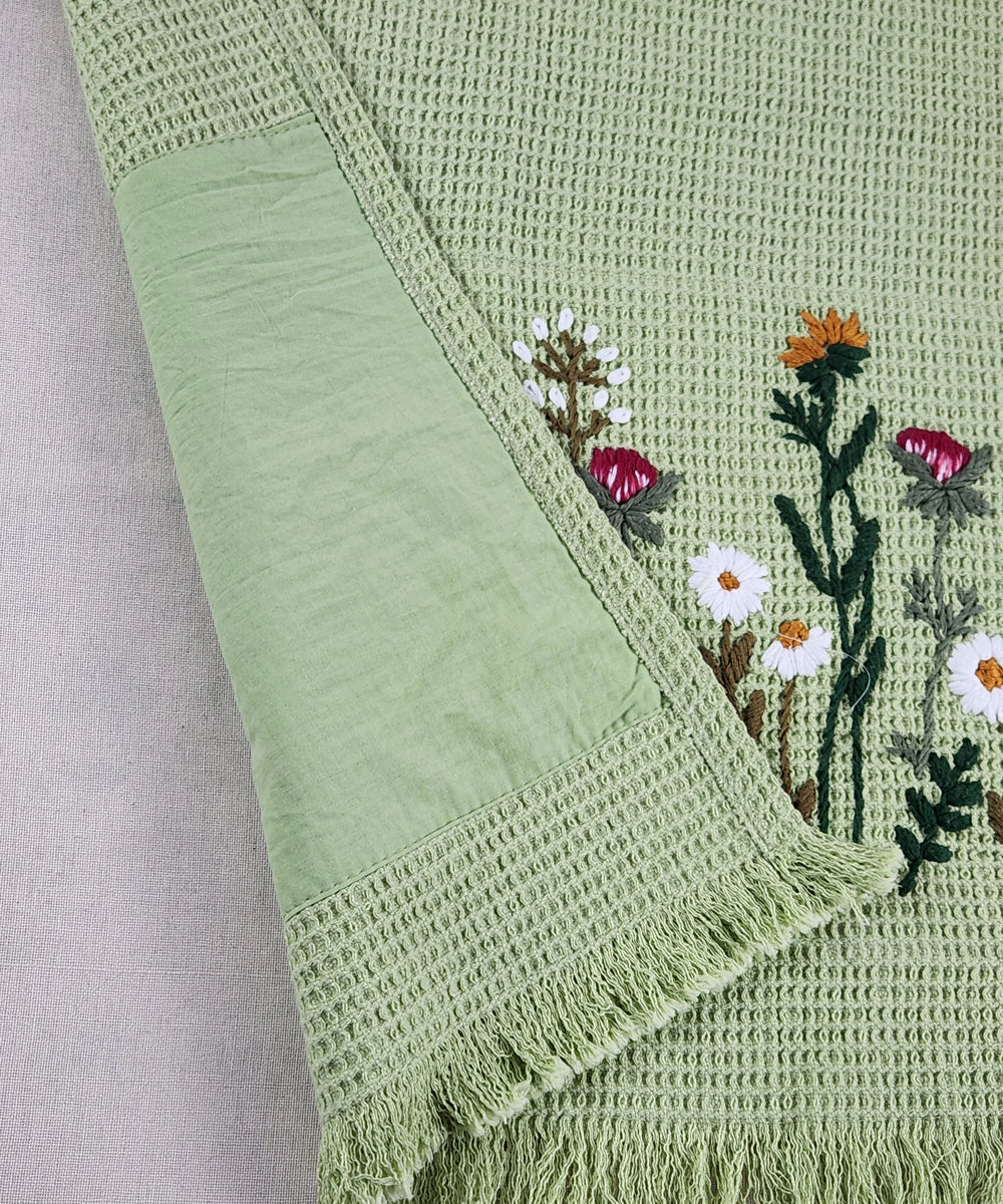 Embroidered Bath Towel | Soft Cotton Waffle | Mossy Meadows Sage Green
