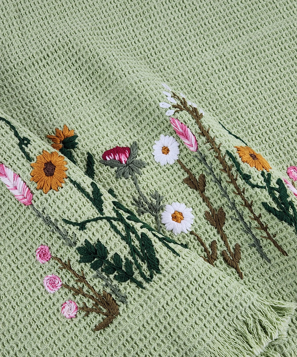 Embroidered Bath Towel | Soft Cotton Waffle | Mossy Meadows Sage Green