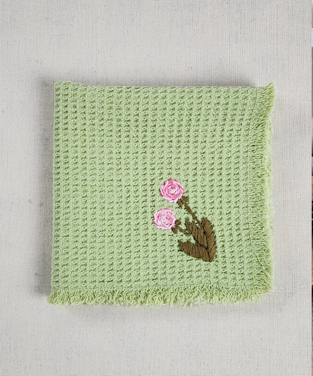Embroidered Face Towel - Set of 4 pcs in Soft Cotton Waffle | Sage Green