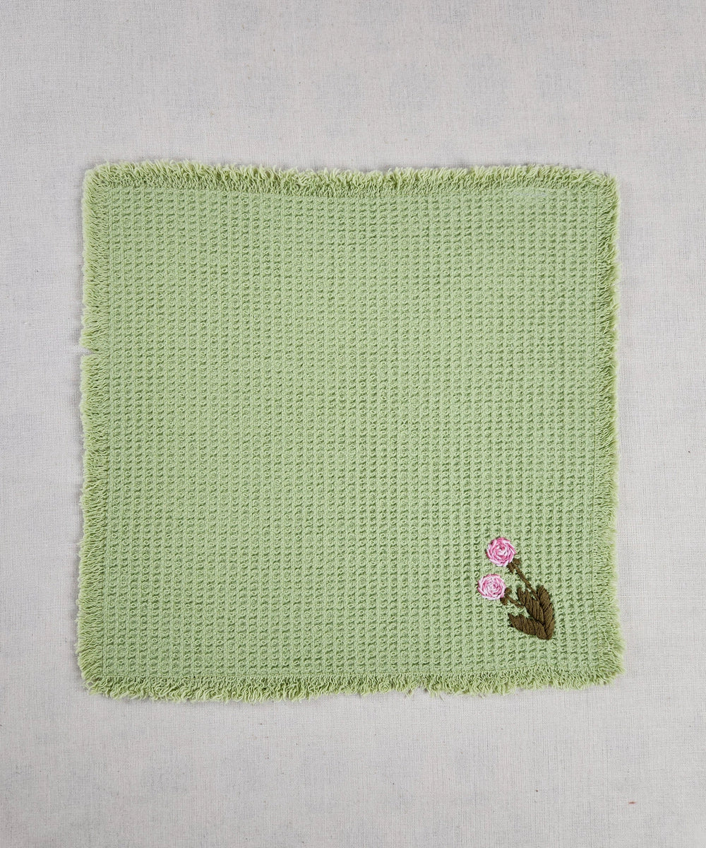 Embroidered Face Towel - Set of 4 pcs in Soft Cotton Waffle | Sage Green