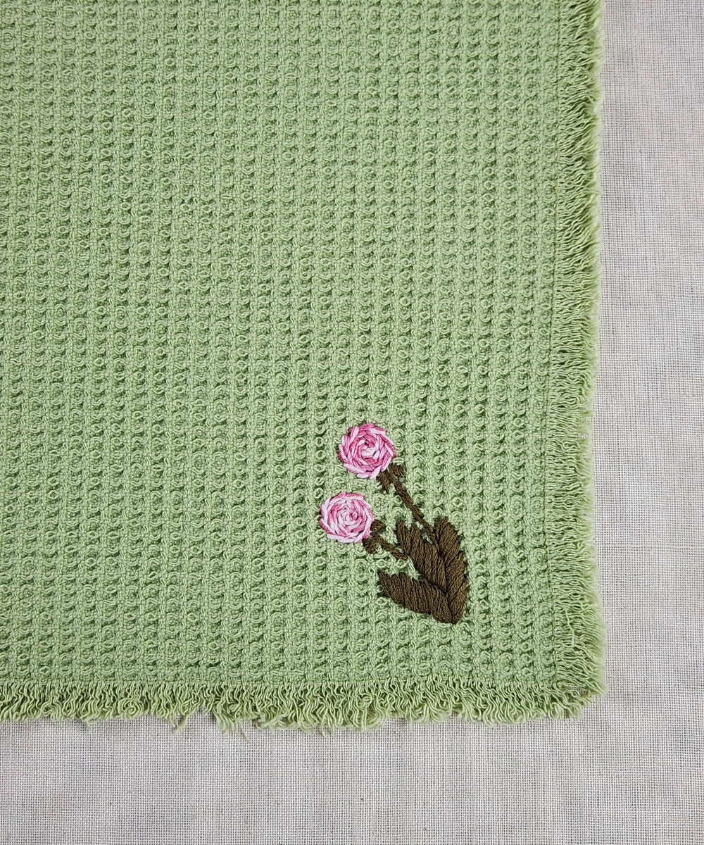 Embroidered Face Towel - Set of 4 pcs in Soft Cotton Waffle | Sage Green