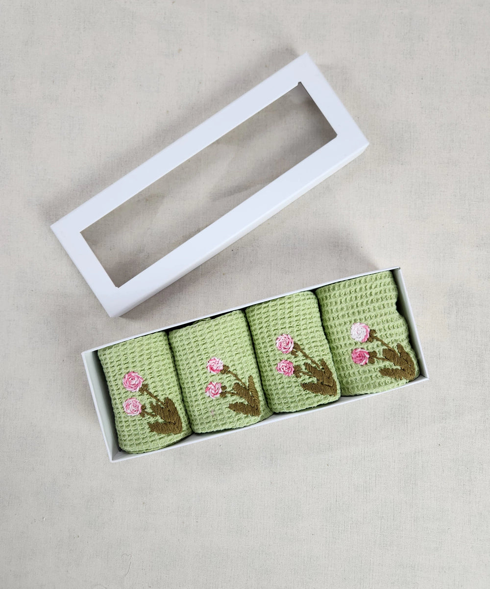 Embroidered Face Towel - Set of 4 pcs in Soft Cotton Waffle | Sage Green