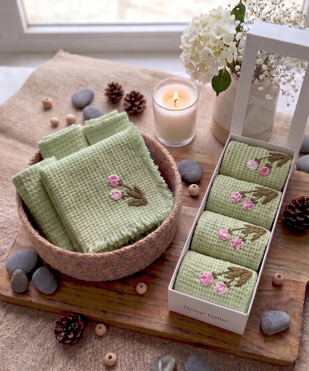 Embroidered Face Towel - Set of 4 pcs in Soft Cotton Waffle | Sage Green