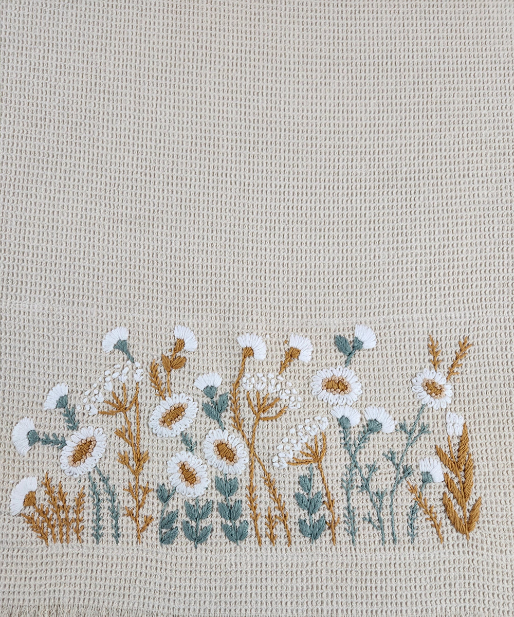 Embroidered Bath Towel | Soft Cotton Waffle | Wildflower Meadow Beige