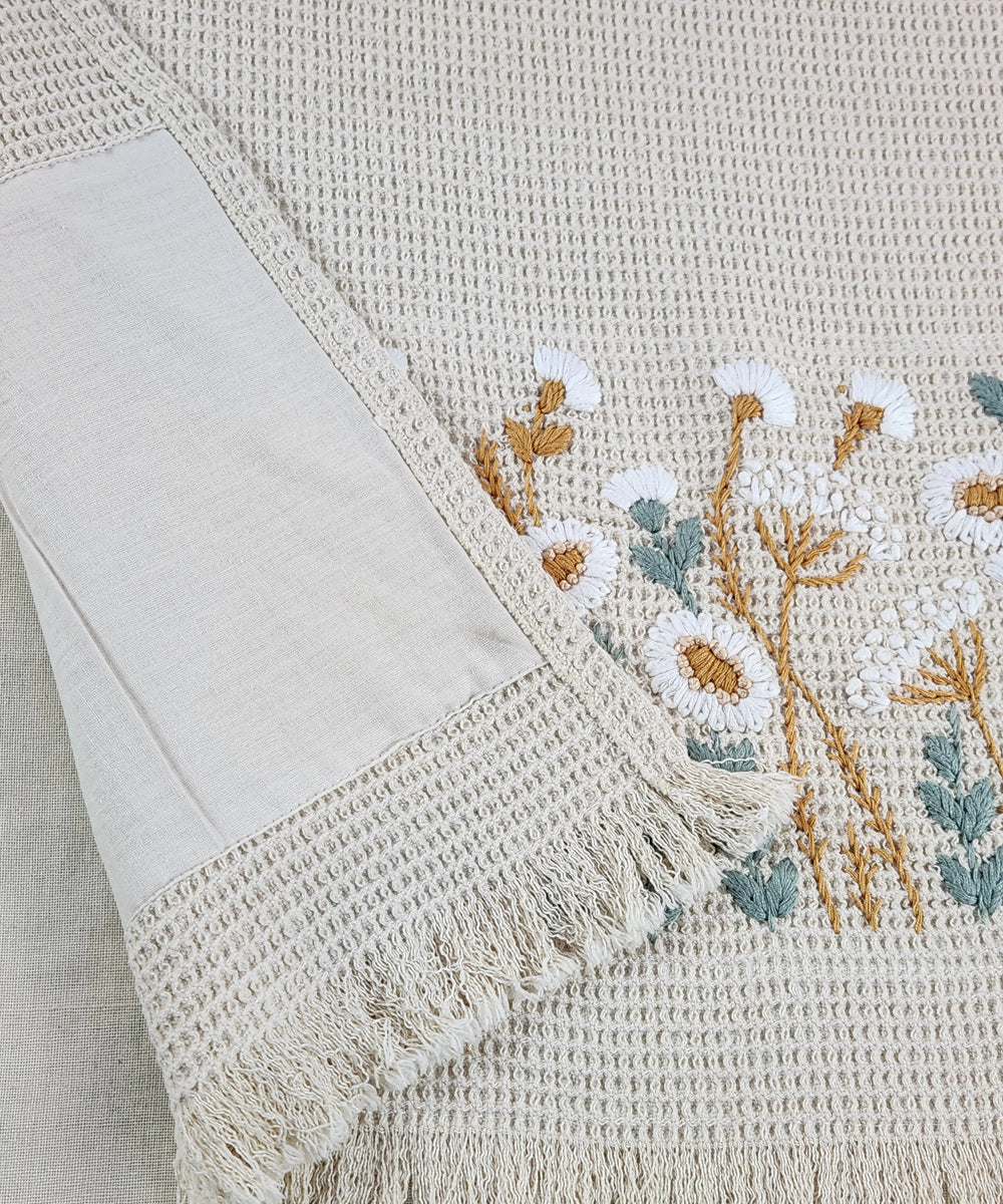 Embroidered Bath Towel | Soft Cotton Waffle | Wildflower Meadow Beige