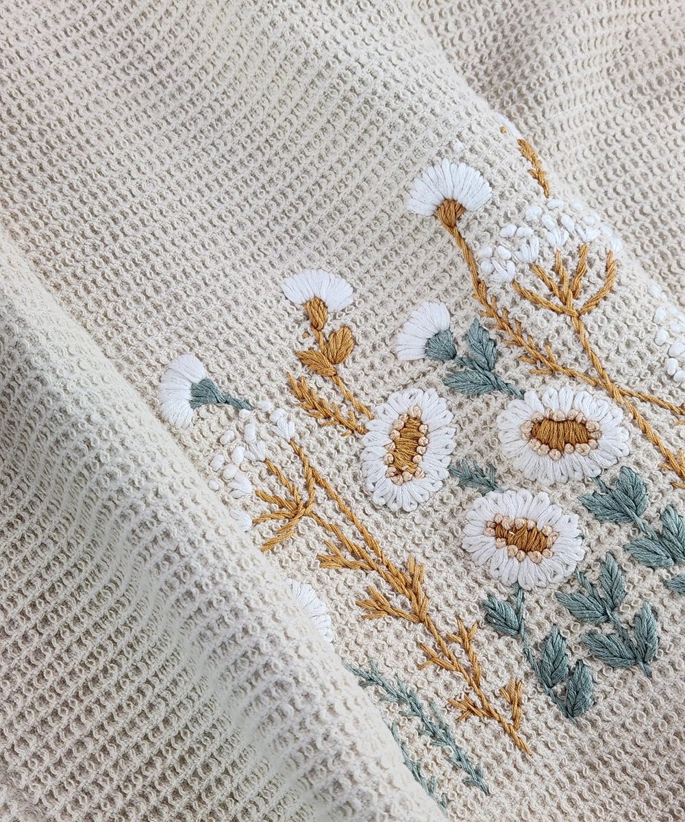 Embroidered Bath Towel | Soft Cotton Waffle | Wildflower Meadow Beige