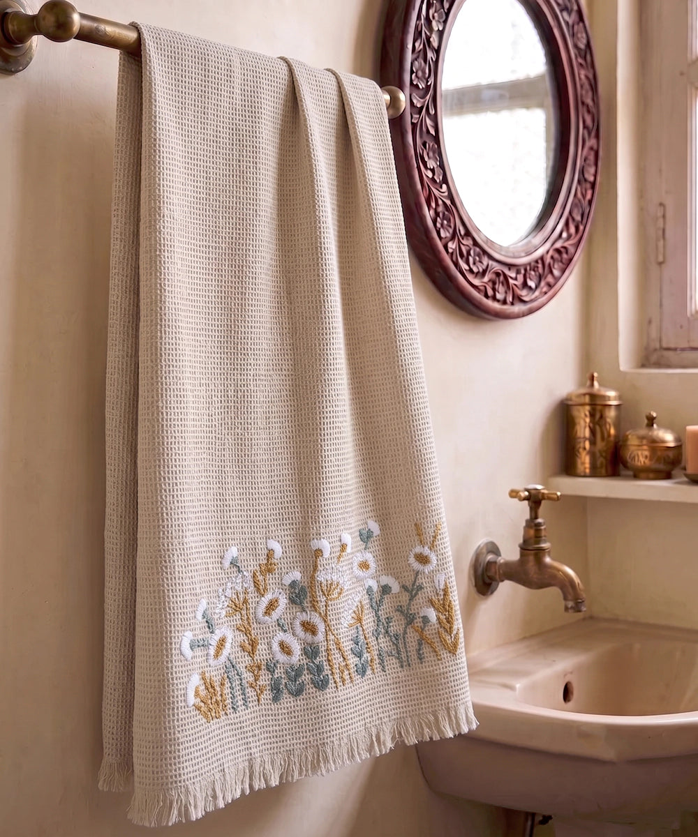 Embroidered Bath Towel | Soft Cotton Waffle | Wildflower Meadow Beige