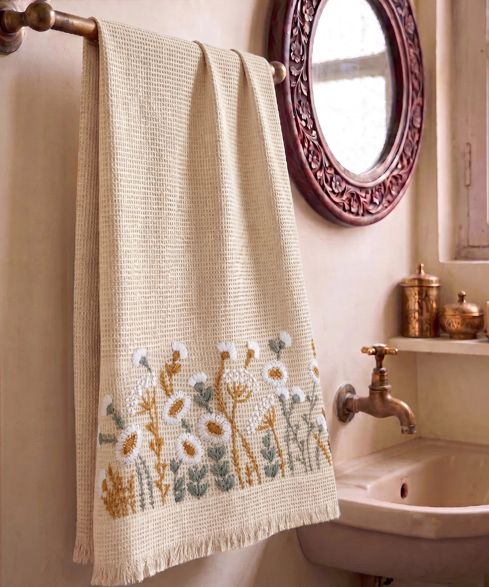 Embroidered Bath Towel | Soft Cotton Waffle | Wildflower Meadow Beige