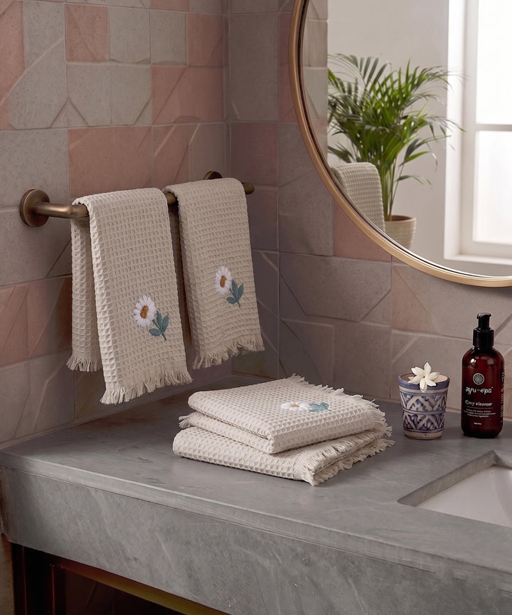 Embroidered Face Towel - Set of 4 pcs in Soft Cotton Waffle | Beige