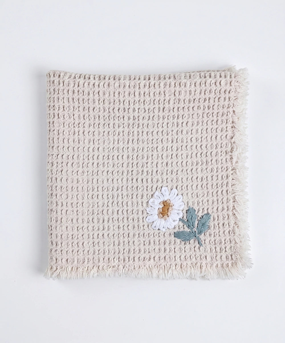 Embroidered Face Towel - Set of 4 pcs in Soft Cotton Waffle | Beige