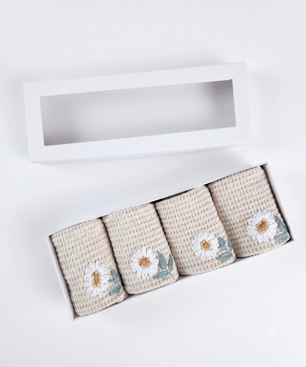 Embroidered Face Towel - Set of 4 pcs in Soft Cotton Waffle | Beige