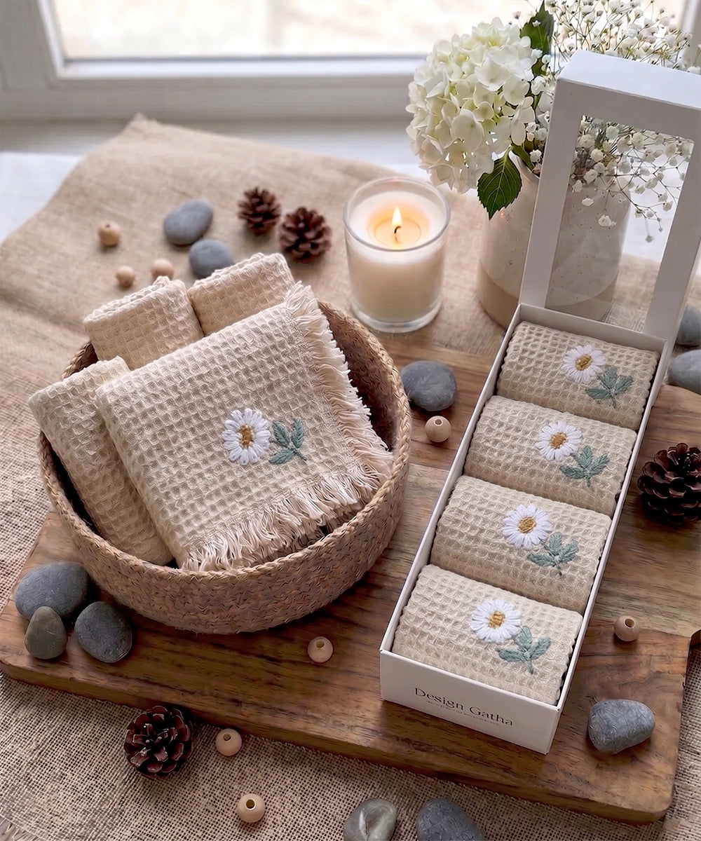 Embroidered Face Towel - Set of 4 pcs in Soft Cotton Waffle | Beige