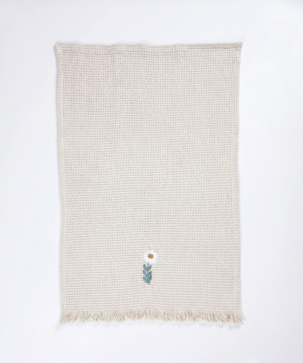 Embroidered Hand Towel - Set of 2 pcs in Cotton Waffle | Wildflower Meadow Beige