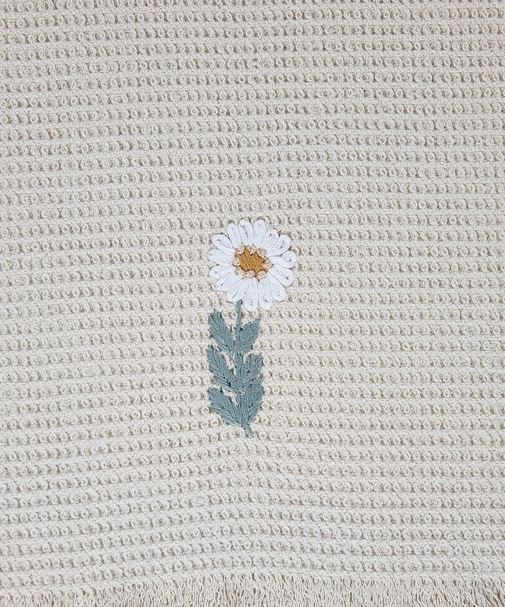 Embroidered Hand Towel - Set of 2 pcs in Cotton Waffle | Wildflower Meadow Beige