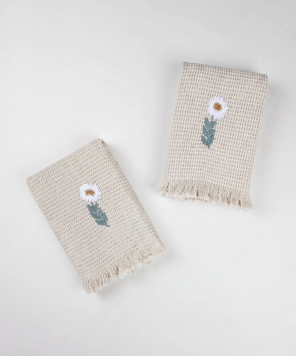 Embroidered Hand Towel - Set of 2 pcs in Cotton Waffle | Wildflower Meadow Beige