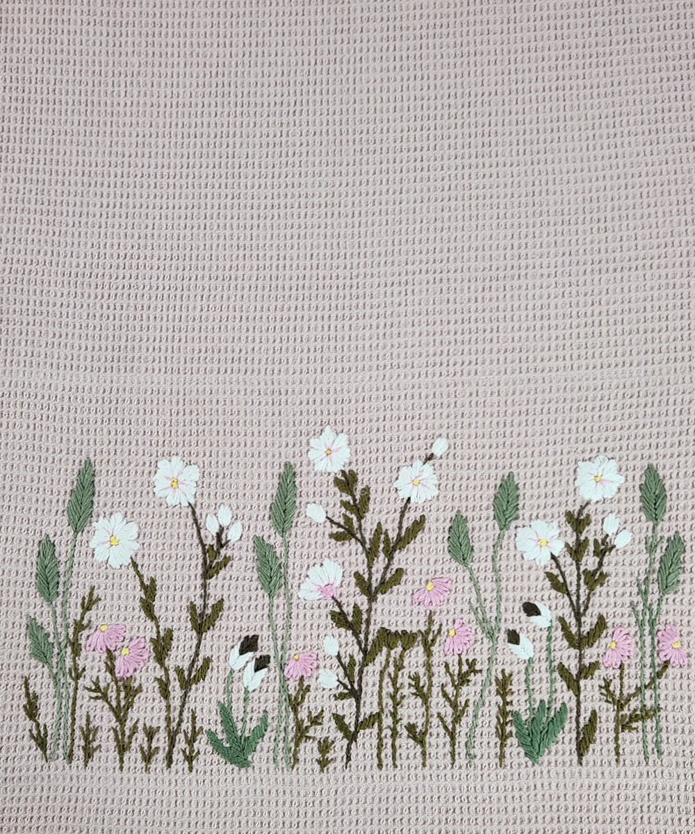 Embroidered Bath Towel | Soft Cotton Waffle | Victorian Garden Dusty Pink