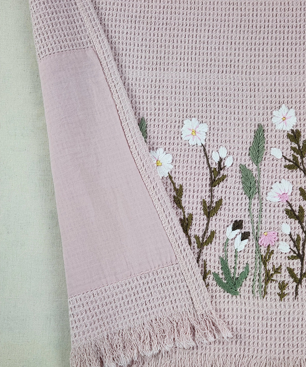Embroidered Bath Towel | Soft Cotton Waffle | Victorian Garden Dusty Pink