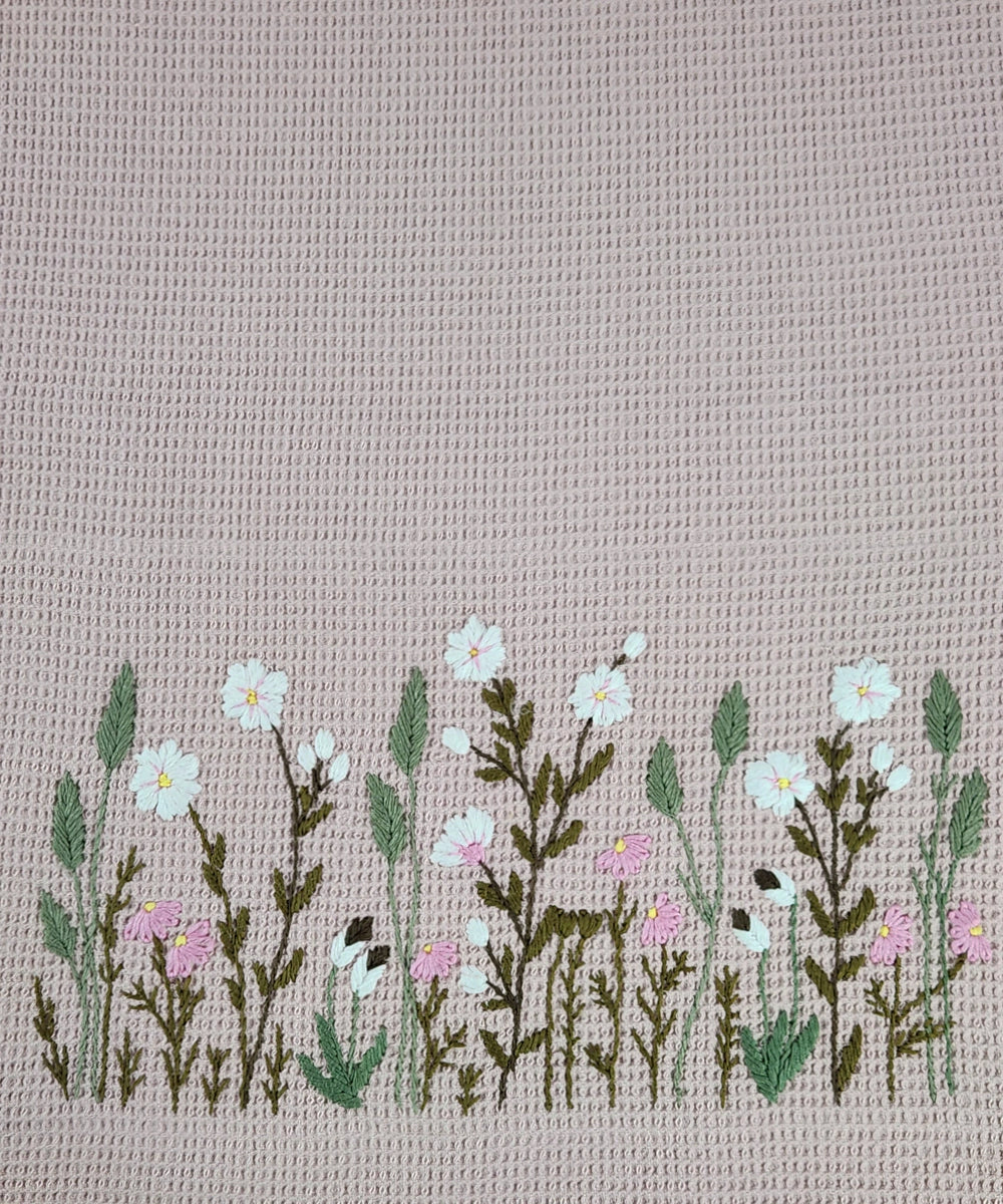 Embroidered 1 Pc Bath and 2 Pcs Hand Towel Set | Cotton Waffle Fabric | Dusky Pink