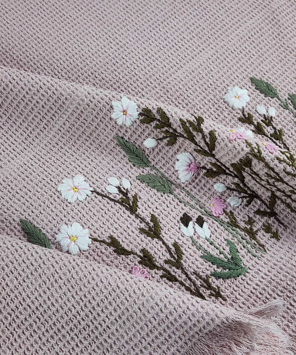 Embroidered Bath Towel | Soft Cotton Waffle | Victorian Garden Dusty Pink