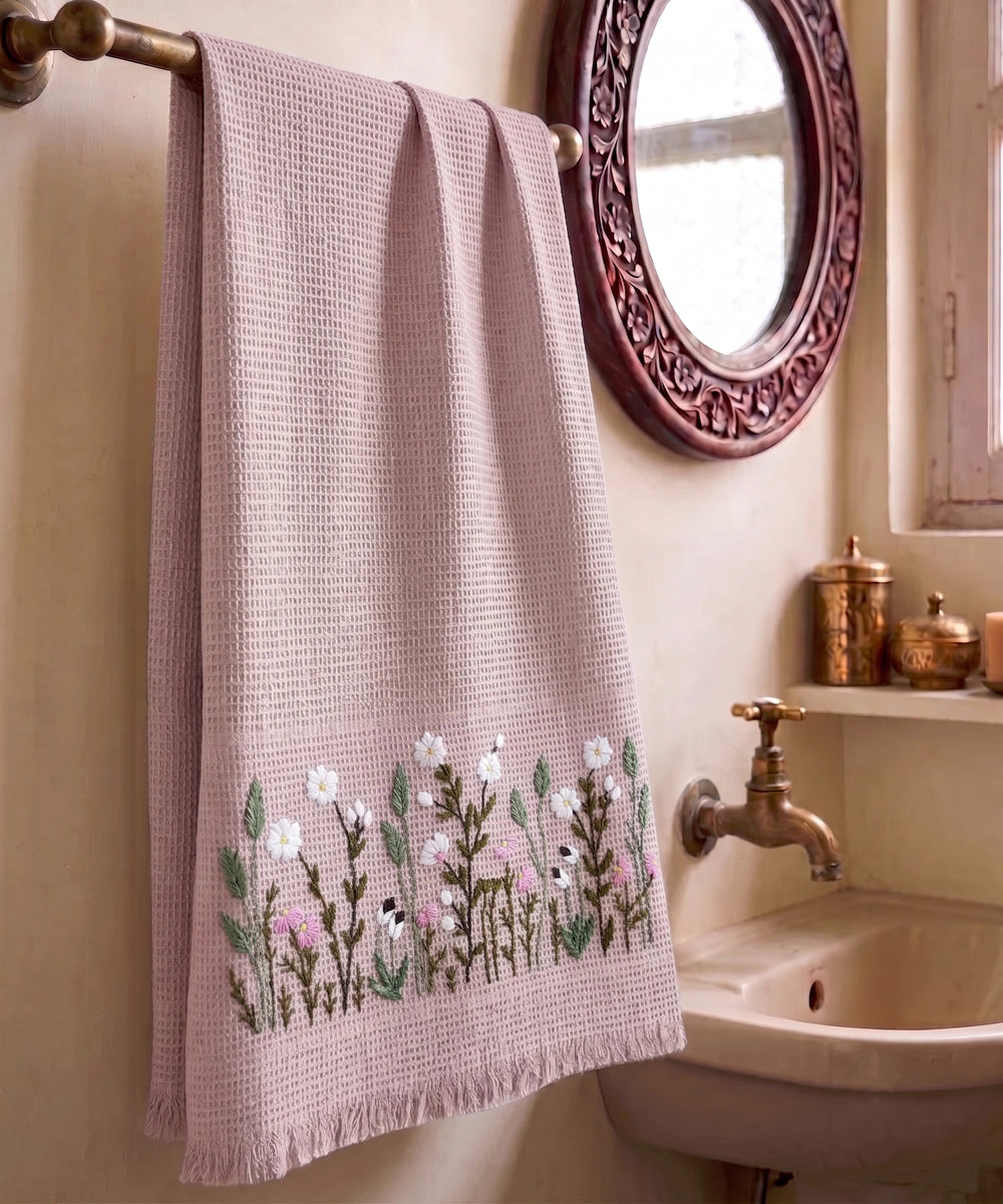 Embroidered Bath Towel | Soft Cotton Waffle | Victorian Garden Dusty Pink