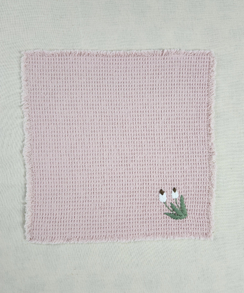 Embroidered Face Towel - Set of 4 pcs in Soft Cotton Waffle | Dusty Pink