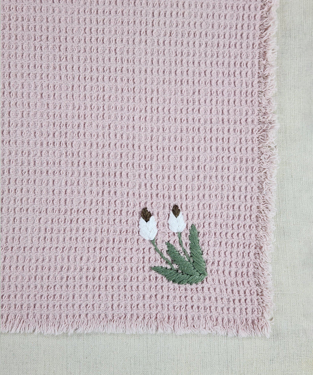 Embroidered Face Towel - Set of 4 pcs in Soft Cotton Waffle | Dusty Pink