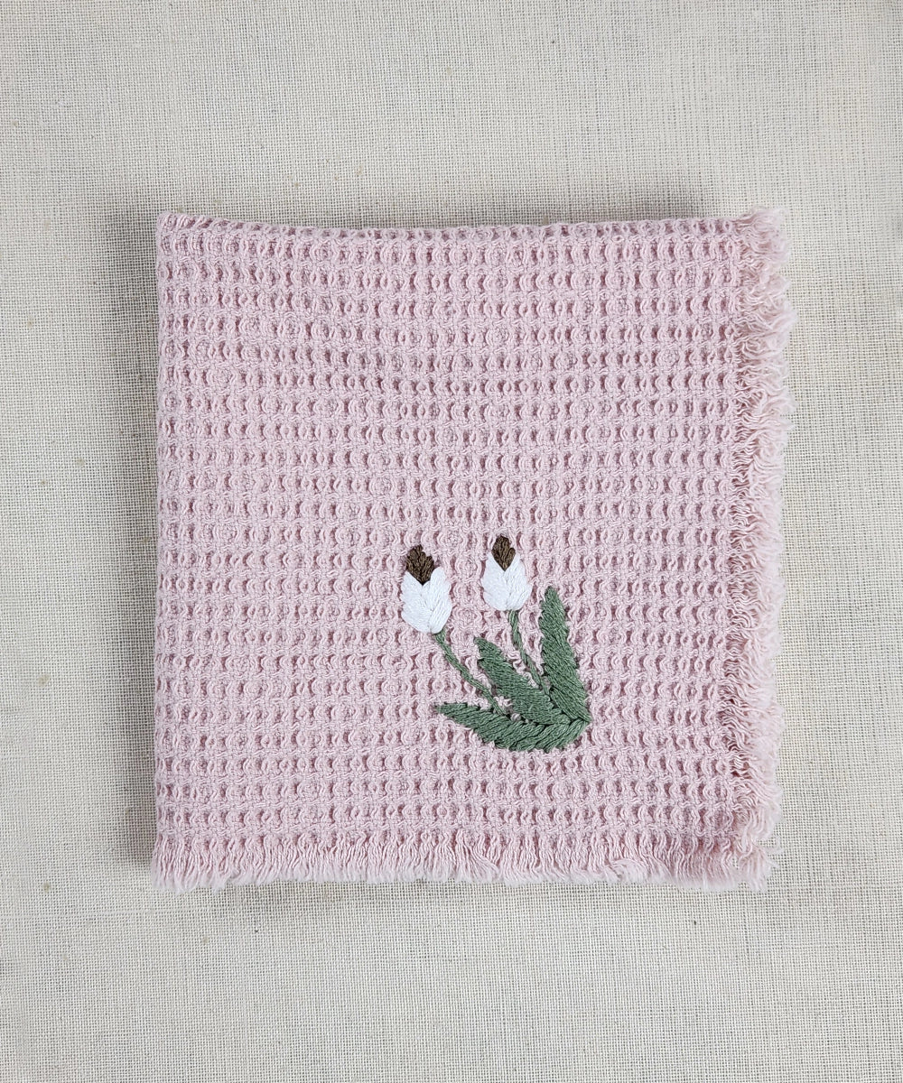 Embroidered Face Towel - Set of 4 pcs in Soft Cotton Waffle | Dusty Pink