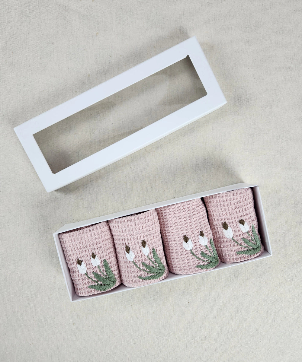Embroidered Face Towel - Set of 4 pcs in Soft Cotton Waffle | Dusty Pink